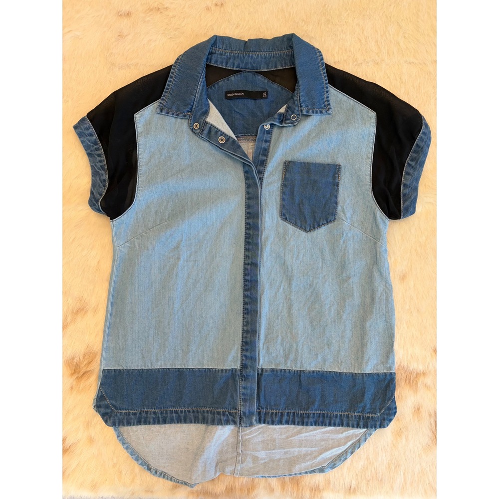 Karen Millen Denim Colorblock Mesh Panel Shirt Blue Black Snap Front US 4